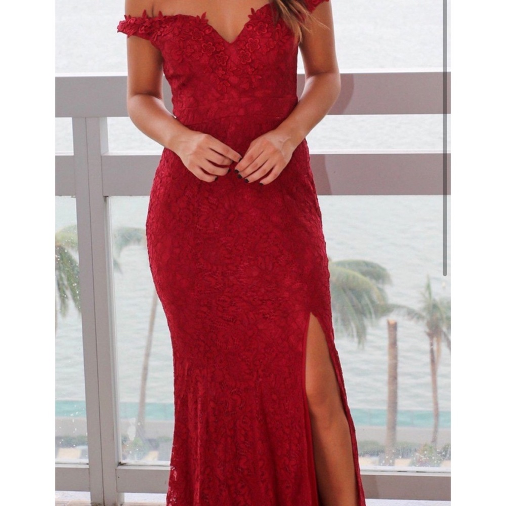 Burgundy Floor Length Lace Dress